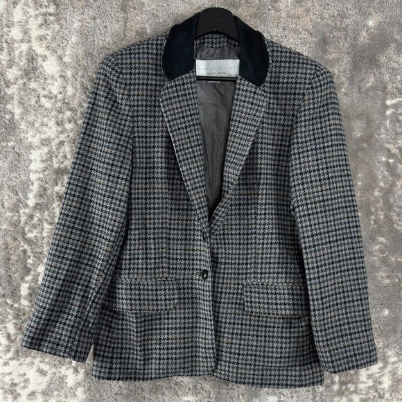 David Eliot Petite Size Mp Houndstooth Career V Neck Blazer Jacket Gray 2 Button - Picture 1 of 8